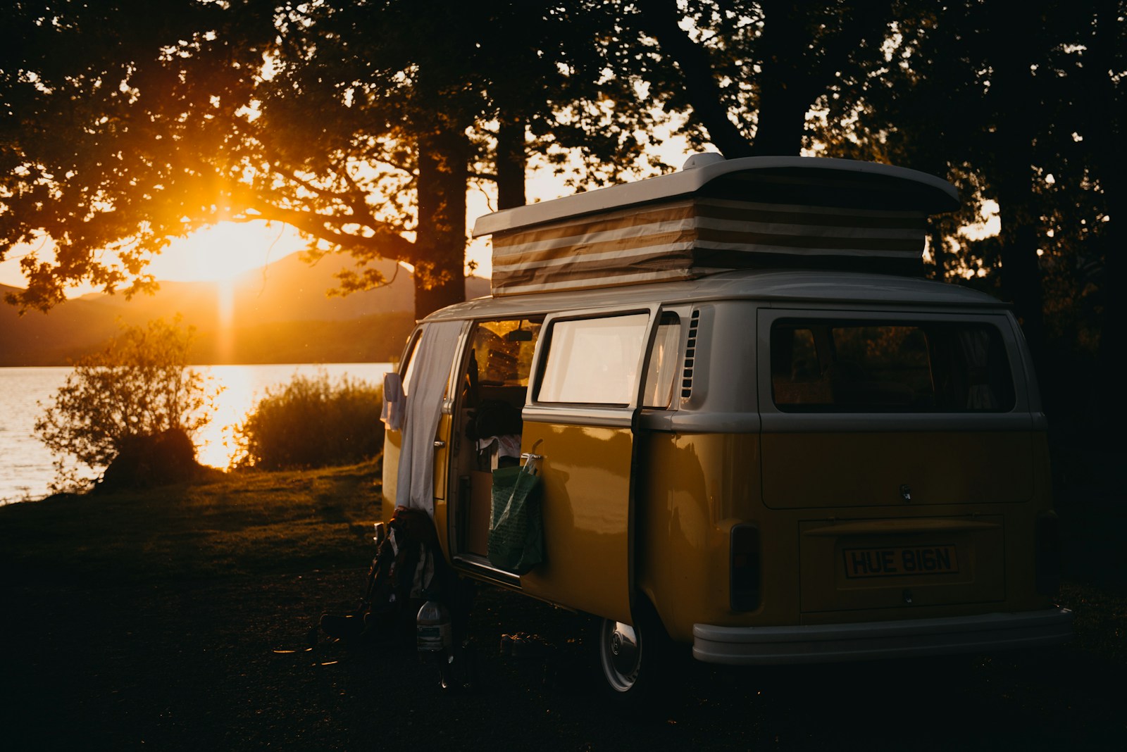 brown van under the tree during sunset, RV