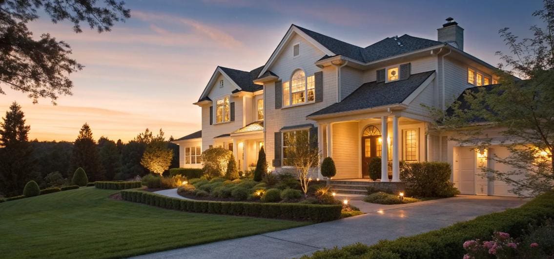 The Most Common Homeowners Insurance Mistakes — And How to Avoid Them. Beautiful house. extraordinatry outdoor lighting. white exterior dark roof, large front lawn sun setting