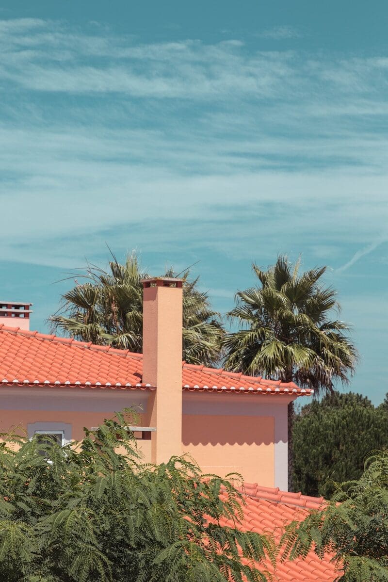 Orange-tiled roof house with chimney, palm trees, and blue sky