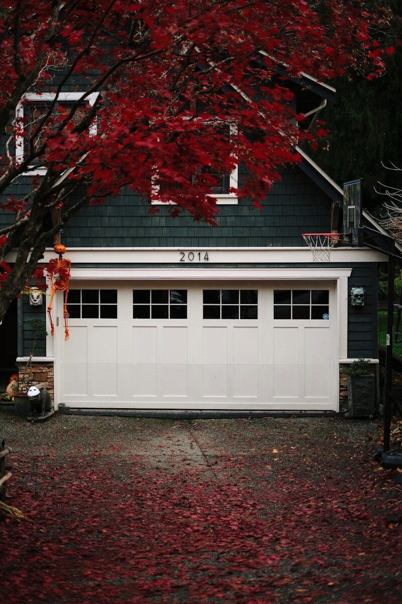 Garage with autumn leaves and decorations